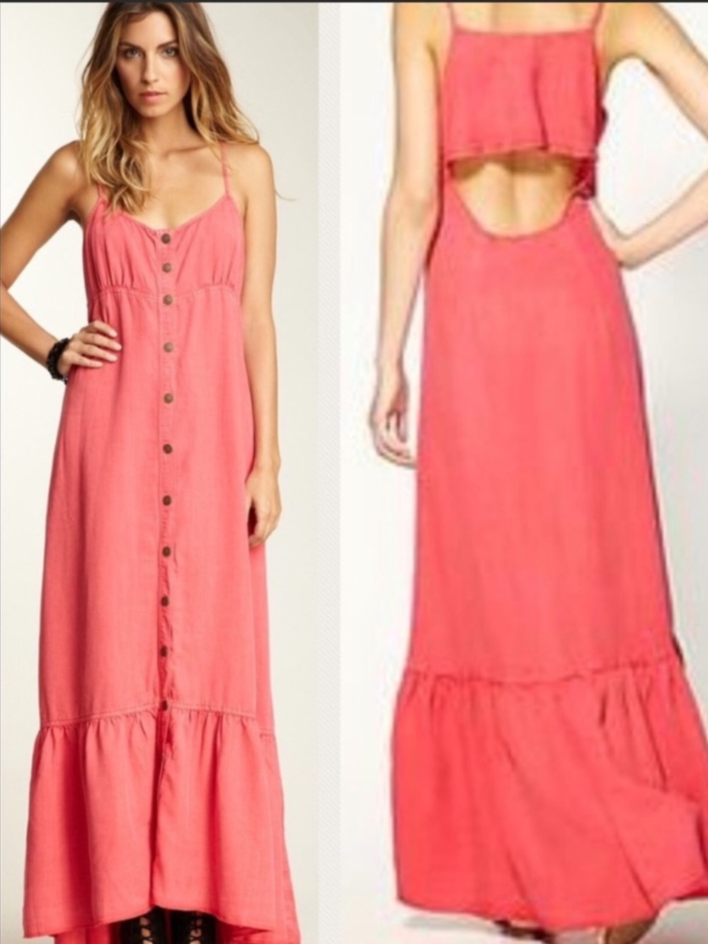 Free People Coral Button Front Maxi Dress with Open Back NWT size Small